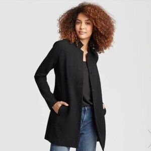 Eileen Fisher Cotton Tencel Grid Long Jacket Waffle Knit Snap Buttons 2X* Black